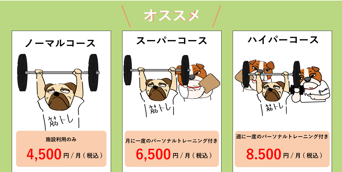 ノーマルコース、施設利用のみ月額4,500円(税込み)・スーパーコース月に一度のパーソナルトレーニング付き月額6,500円(税込み)・ハイパーコース、週に一度のパーソナルトレーニング付き月額8,500円(税込み)すべてのパーソナルトレーニングは要予約です。当ジムのおすすめはスーパーコースです。